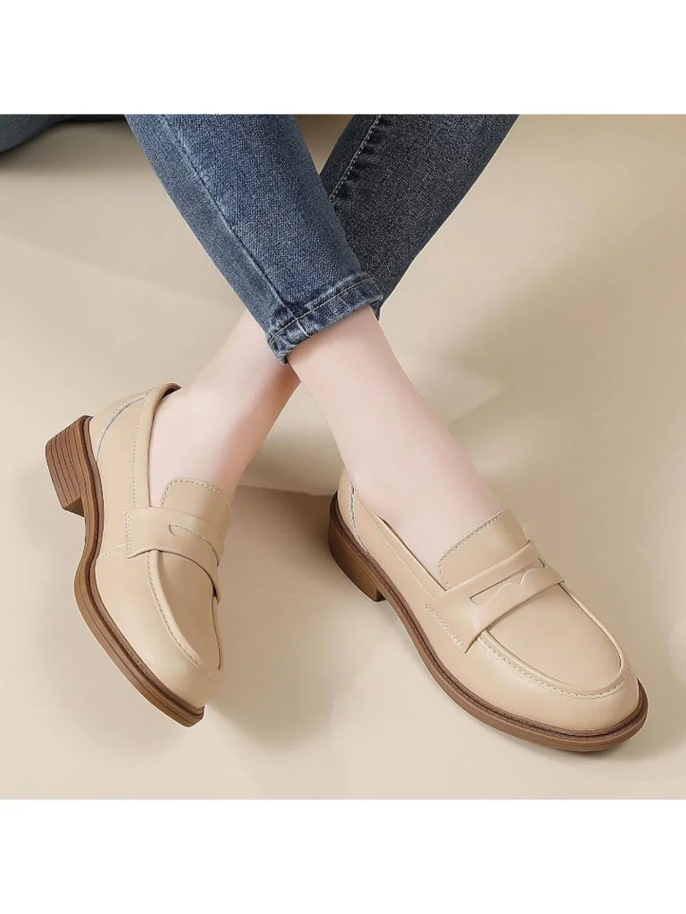 🆕Women's Beige Loafers Black Penny Loafer Business Casual  Flats Comfortable